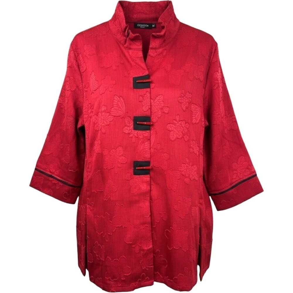 Creation Jacket Womens XL Red Floral Jacquard Asian Inspired Toggle Closure